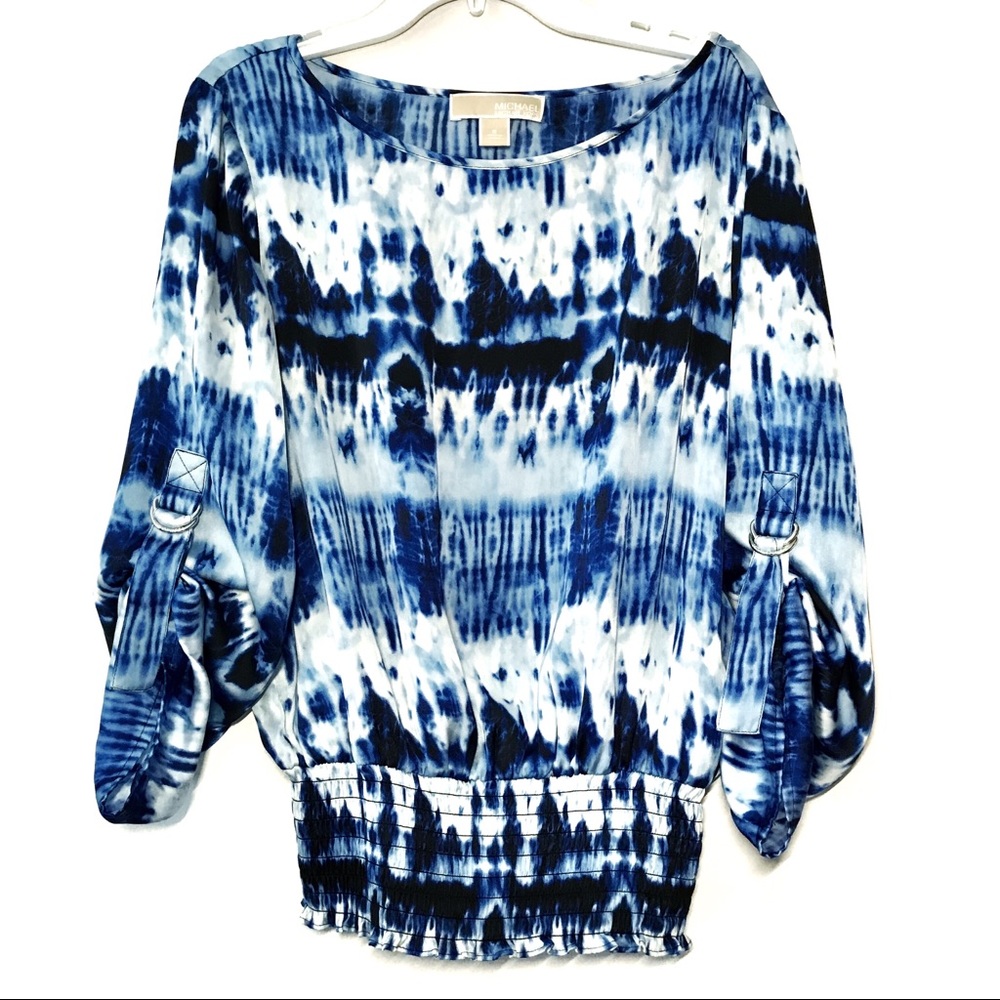 MICHAEL KORS  BLOUSE BLUE TIEDYE SMOCKED WAIST TOP